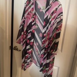 Slinky Brand Pink Sheer and Black Floral Kimono